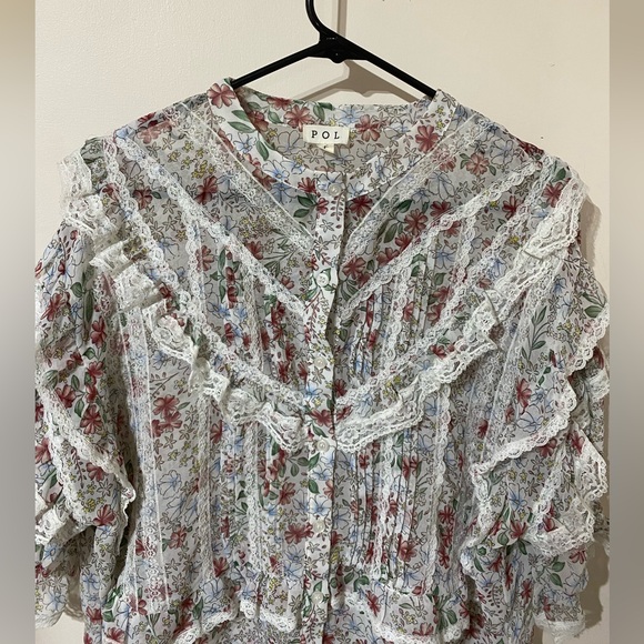 POL Floral Print Ruffle Lace Boho Long Sleeve Button Down Blouse size Large - Picture 4 of 8